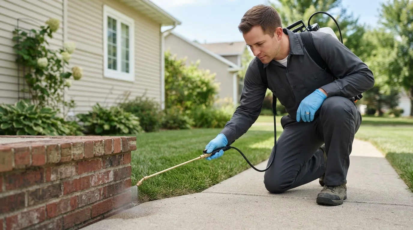 Pest control technician treating a home near West Harrison, NY